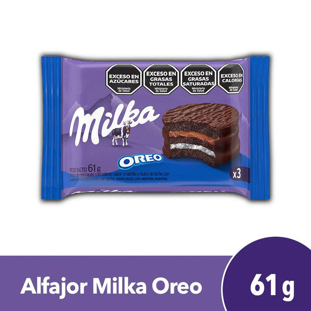 The Twice as Sweet Milka Oreo Alfajor 61g (Argentina) comes in eye-catching purple and blue packaging, featuring a chocolate-coated sandwich cookie with cream filling—an irresistible treat for chocolate cake lovers.
