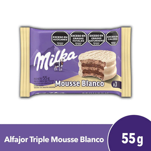 Twice as Sweet Milka White Chocolate Alfajor 55g from Argentina in a purple and beige package, featuring a triple-layered, chocolate-covered snack and health warning labels.