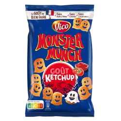 A blue bag of Twice as Sweet Monster Munch Ketchup 85g (France) features smiling monster-shaped snacks, a ketchup splash, and bold red and yellow French text highlighting the ketchup flavor.