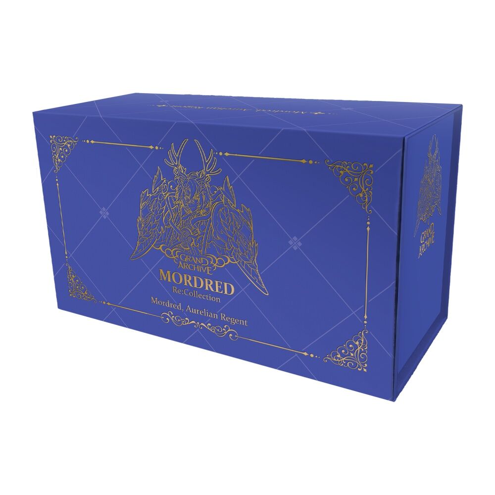 Blue box with gold intricate design and text on a white background for the trading card game Grand Archive Mrodred Re:Collection Aurelian Regent