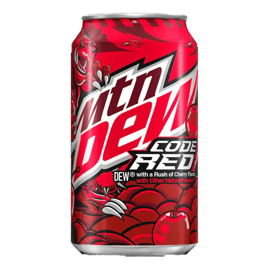 A 355mL can of Twice as Sweet Mountain Dew Code Red (USA) with bold white and black text, cherry graphics, and the slogan Dew with a Rush of Cherry Flavour and citrus fizz with Other Natural Flavors.