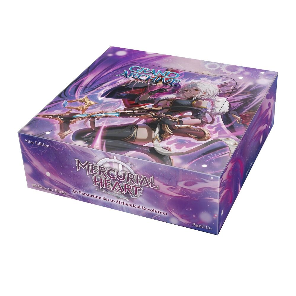 Card game box titled 'Grand Archive Mercurial Heart' with character artwork on a white background