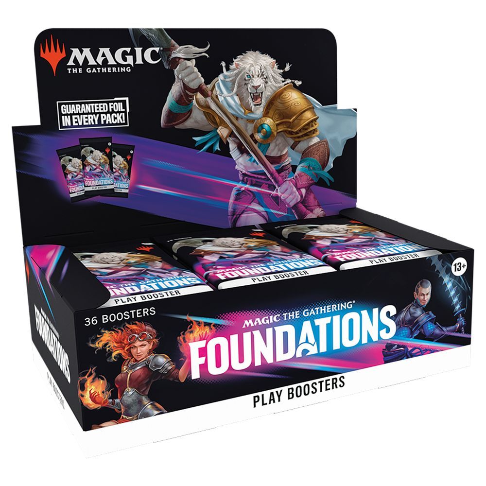 Box of Magic: The Gathering Foundations play boosters with character artwork on a white background