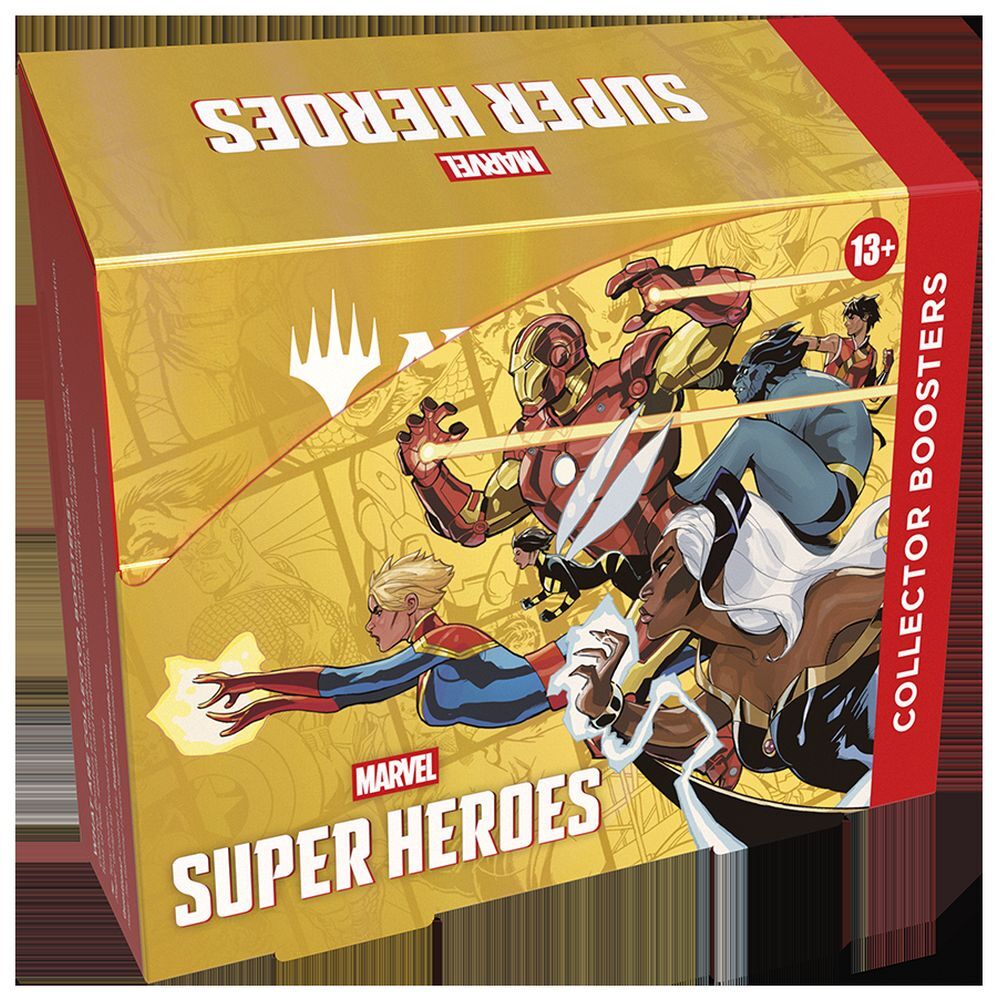 Image of the front aspect of Magic Marvel Super Heroes Collector Booster Box on red and yellow background
