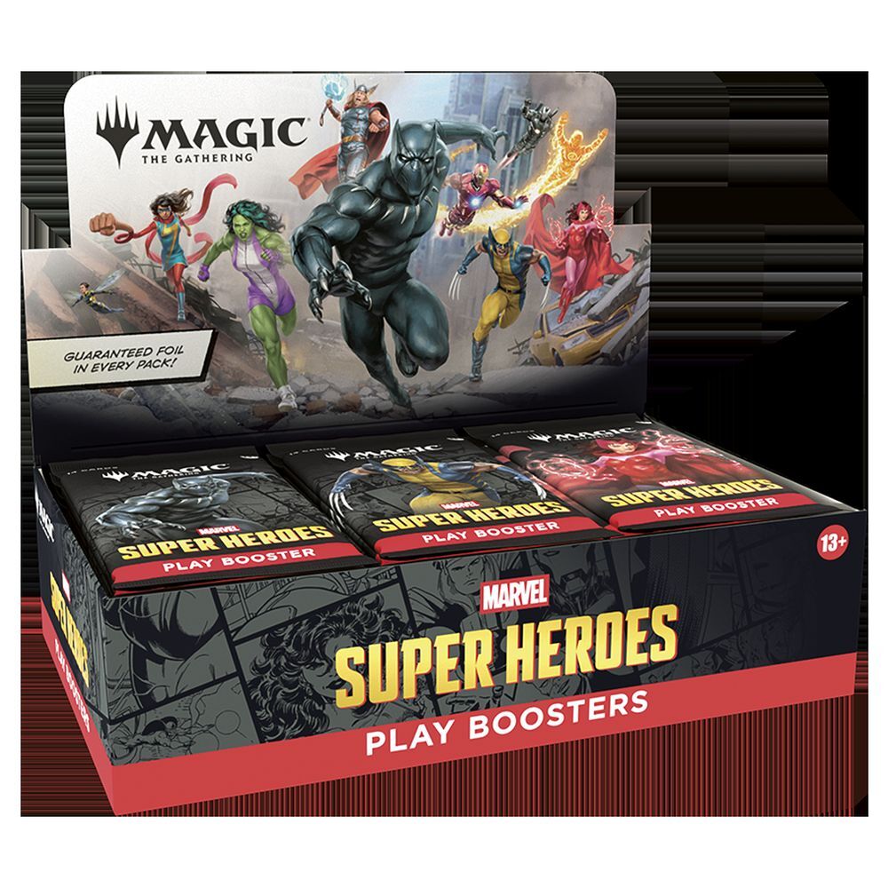 Front image of Magic Marvel Super Heroes Play Booster Box for Magic the Gathering trading card game on black and red background 