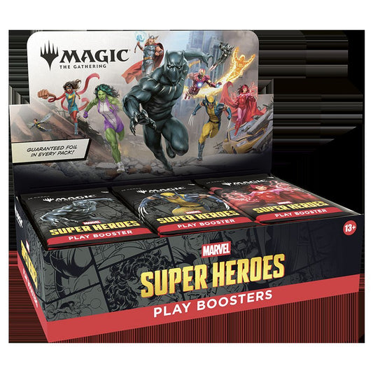 Front image of Magic Marvel Super Heroes Play Booster Box for Magic the Gathering trading card game on black and red background 