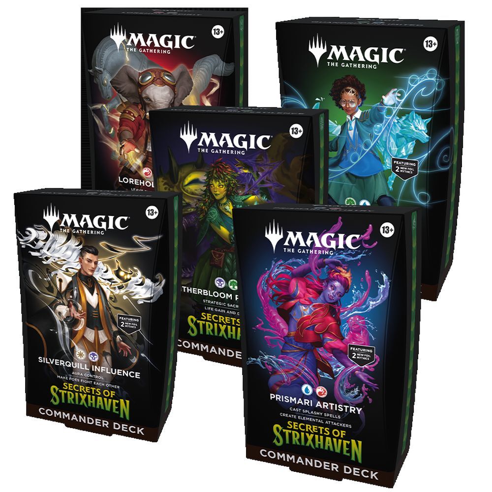 Five Magic the Gathering Secrets of Strixhaven Commander Decks on a white background