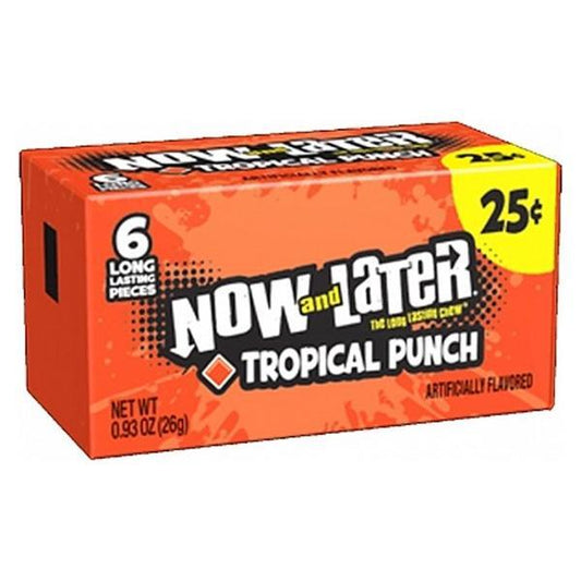A box of Twice as Sweet Now and Later Tropical Punch 6 Pieces 26g (USA) chewy candy, with bright orange packaging showing 6 long lasting pieces, 25¢, and artificially flavored on the front.