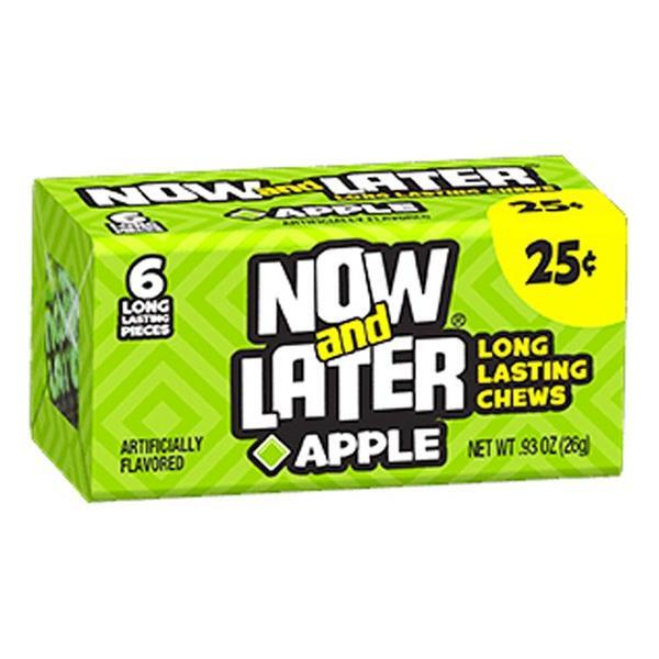 A green box of Twice as Sweet Now and Later Apple 6 Pieces (26g, USA) features bold white and black text, highlights its green apple flavor, contains 6 chews for 25 cents, and has a net weight of 0.93 oz (26g).