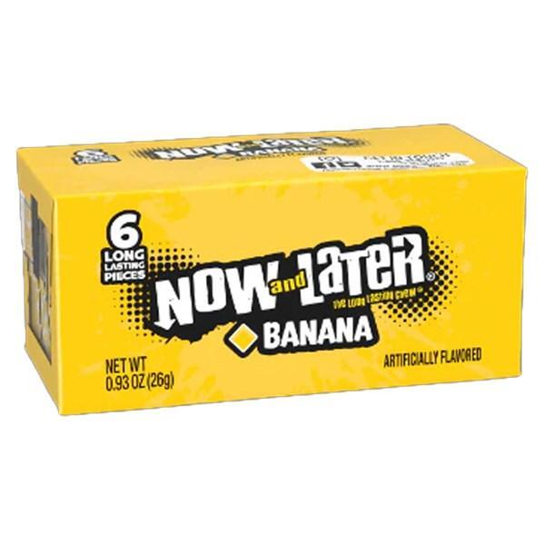A yellow box of Twice as Sweet Now and Later Banana 6 Pieces (26g, USA) offers 6 long-lasting, artificially flavored banana chews. Iconic American candy with net weight 0.93 oz (26g), labeled on the front.