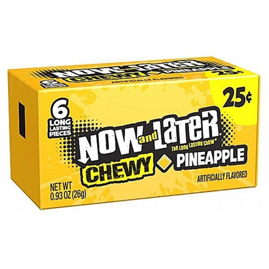 A yellow box of Twice as Sweet Now and Later Pineapple 6 Pieces (26g, USA) features 6 chewy candies for 25¢. Classic bold black and white text highlights this American favorite. Net weight: 0.93 oz (26g).