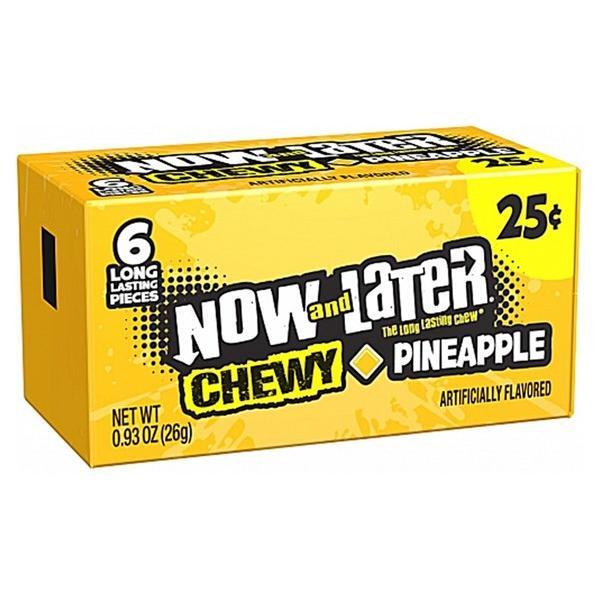 A yellow box of Twice as Sweet Now and Later Pineapple 6 Pieces (26g, USA) features 6 chewy candies for 25¢. Classic bold black and white text highlights this American favorite. Net weight: 0.93 oz (26g).
