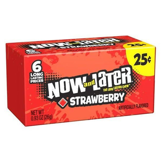 Twice as Sweet Now and Later Strawberry 6 Pieces 26g (USA) comes in a red box with logo, 6 long-lasting strawberry chews, artificially flavored label, and a yellow circle showing the price as 25¢.