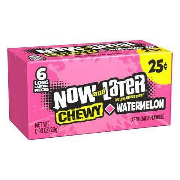 A pink box of Twice as Sweet Now and Later Watermelon 6 Pieces (26g, USA) features “25¢,” “6 Long Lasting Pieces,” and “Artificially Flavored” on the packaging—a classic American chewy watermelon candy.