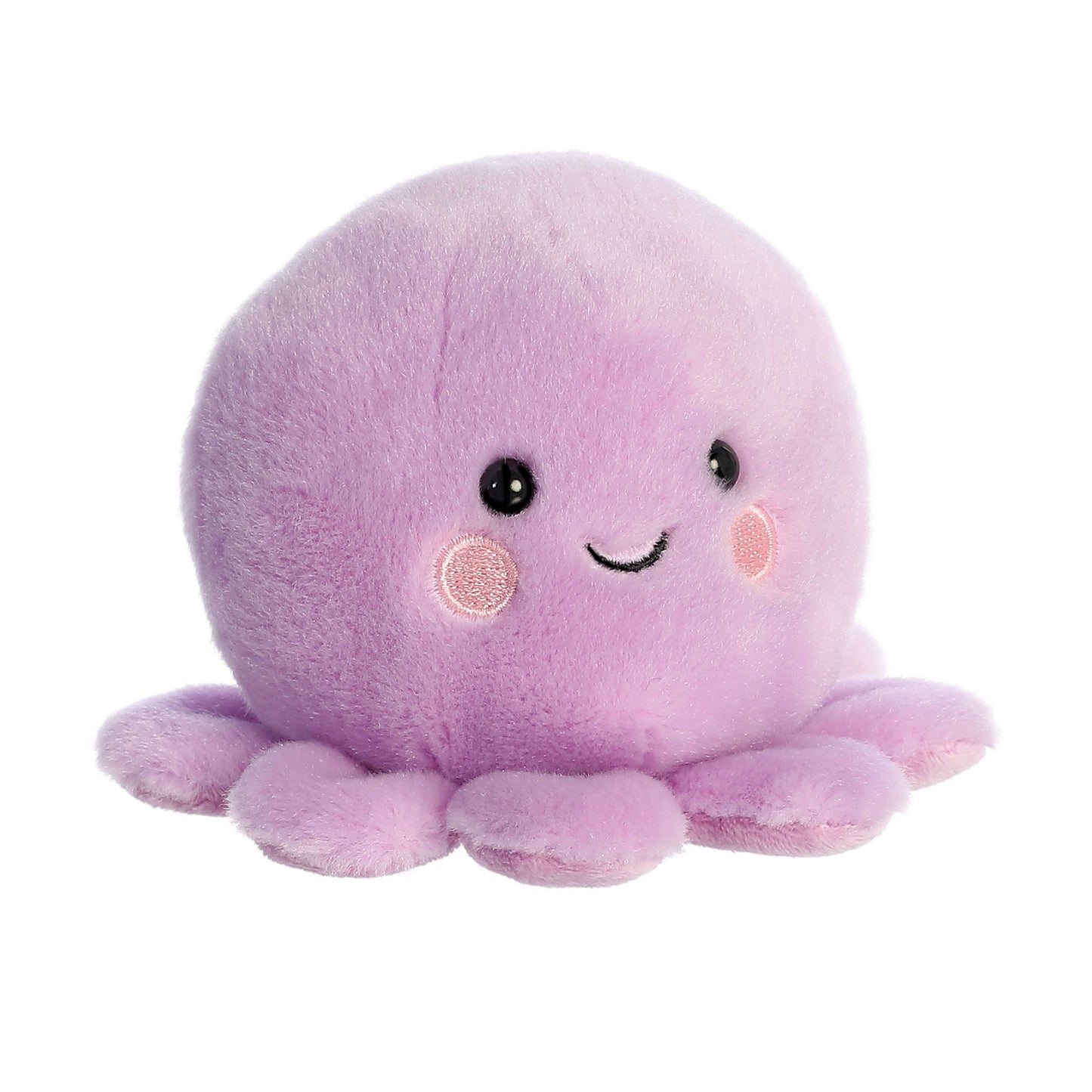 Palm Pal Oliver Octopus by Twice as Sweet is a plush aquatic friend with a smiling face, round black eyes, pink blush cheeks, soft fuzzy fabric, and eight short tentacles.