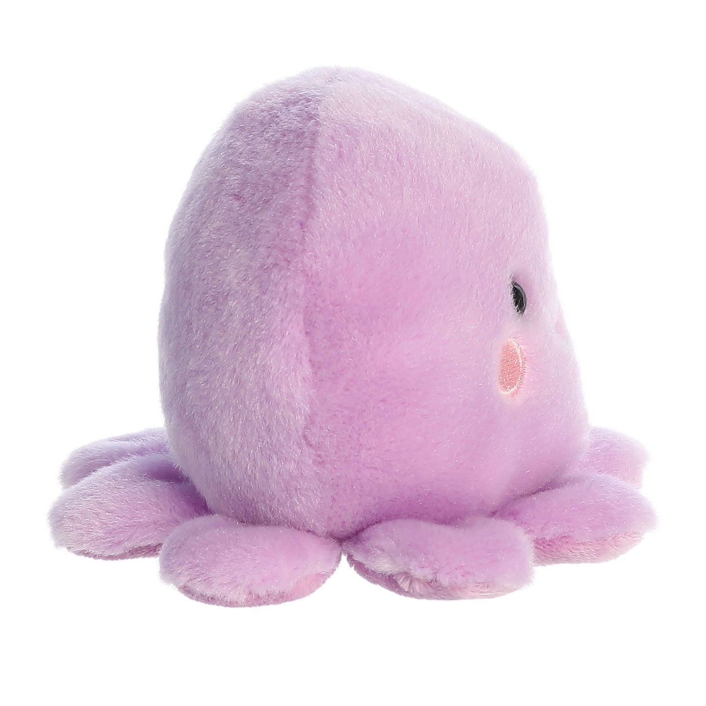 The Twice as Sweet Palm Pal Oliver Octopus is a soft, plush aquatic stuffed animal with a fuzzy texture, short rounded tentacles, small round eyes, and a pink blush on its face. It sits upright in a cute side view.