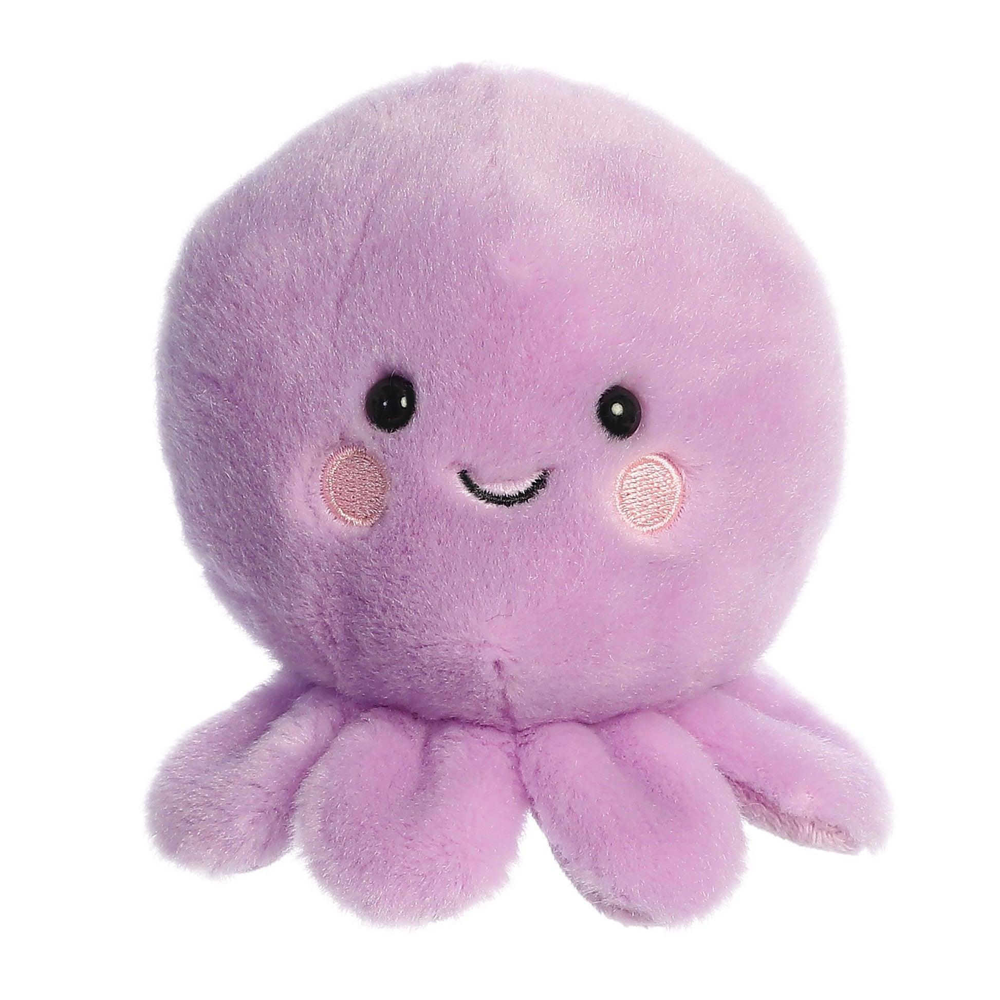 Meet Palm Pal Oliver Octopus from Twice as Sweet—a cute, purple plush octopus with a round head, black eyes, a smiling mouth, pink cheeks, soft fuzzy texture, and short rounded tentacles.