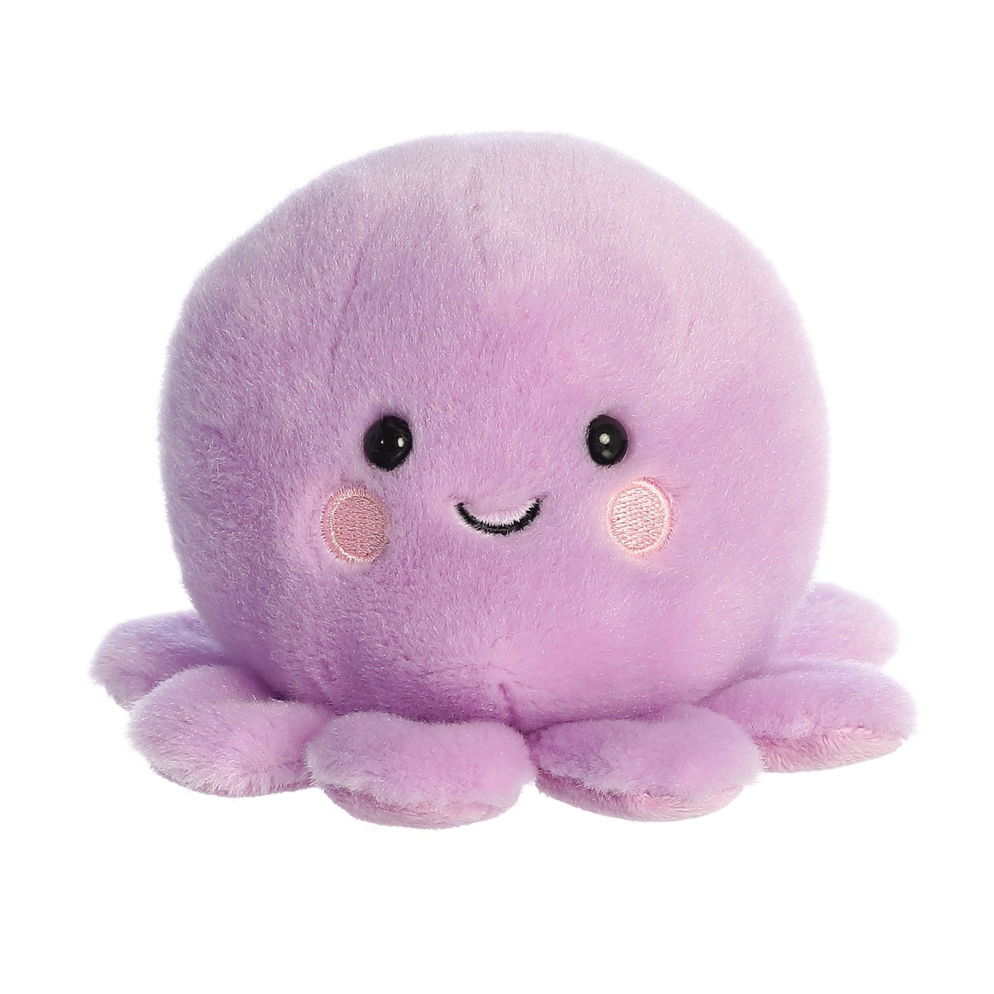 Meet Palm Pal Oliver Octopus by Twice as Sweet, a plush toy with a round body, black eyes, pink cheeks, a small smile, and soft tentacles for cuddling. This adorable stuffed animal brings friendly aquatic charm to any collection.