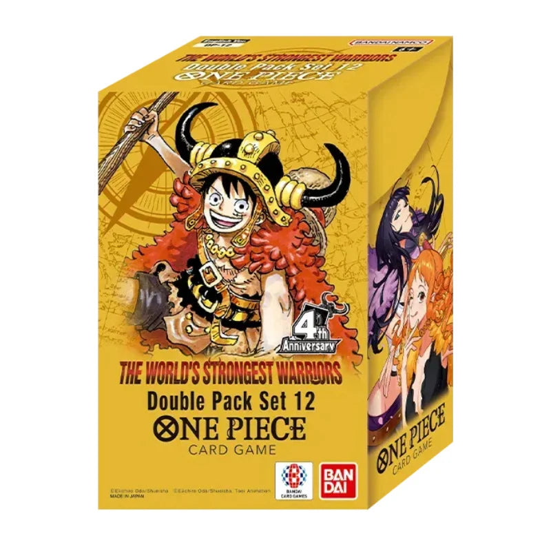 One Piece Card Game Double Pack Set 12 box, featuring a bright yellow design with illustrations of the main characters from the anime series, including Luffy, on a white background.