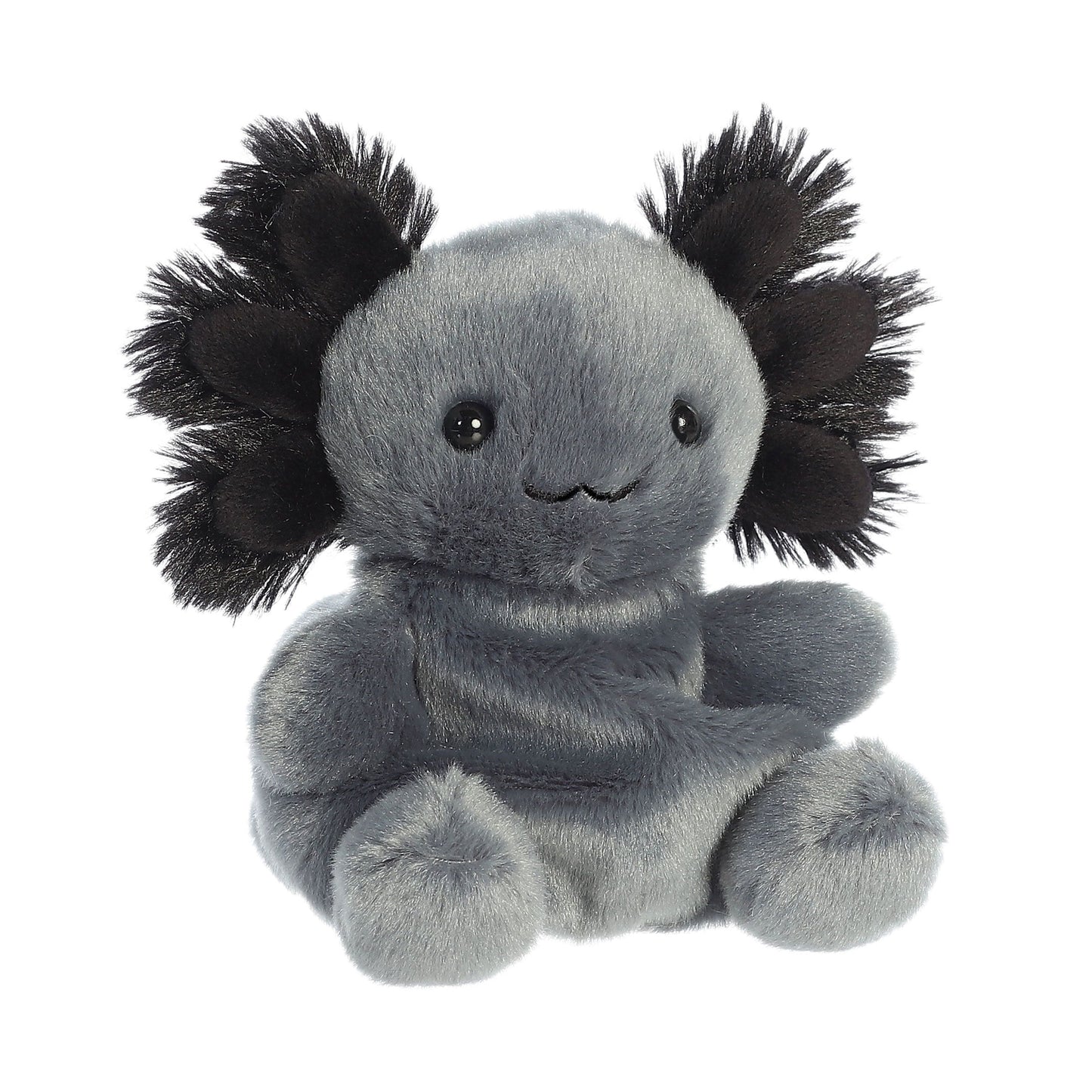 The Twice as Sweet Palm Pal Onyx Axolotl plushie features soft gray fur, black feathery gills, a round face with black button eyes, and a small smile, sitting upright against a white background.