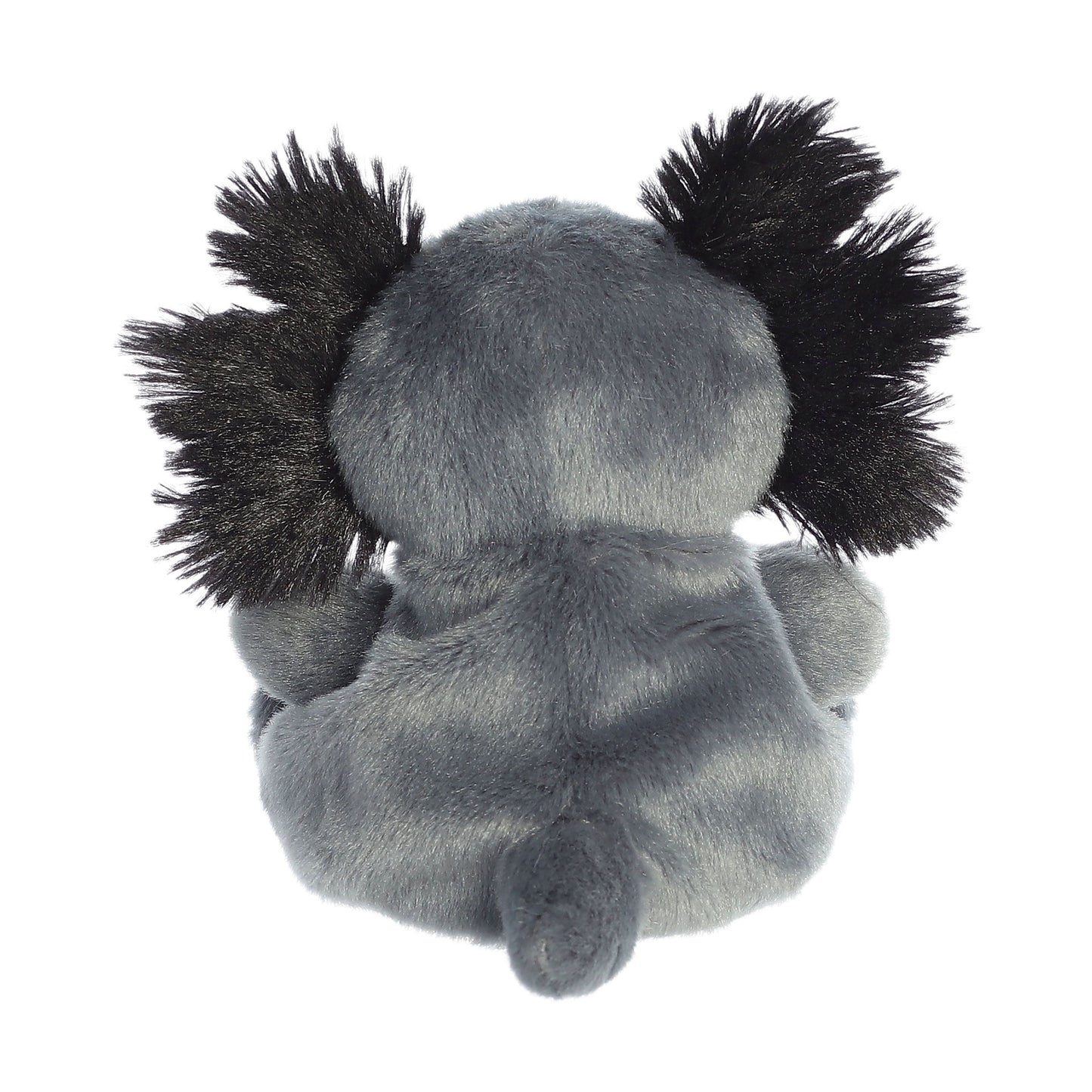 The Twice as Sweet Palm Pal Onyx Axolotl plushie is shown from the back, featuring soft gray fabric, black fluffy ears, and a small tail while sitting upright against a white background.
