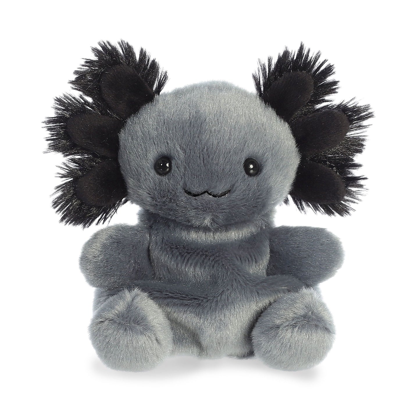 The Twice as Sweet Palm Pal Onyx Axolotl is a plushie with black feathery gills, round black eyes, a stitched smile, and soft rounded limbs in an upright pose.