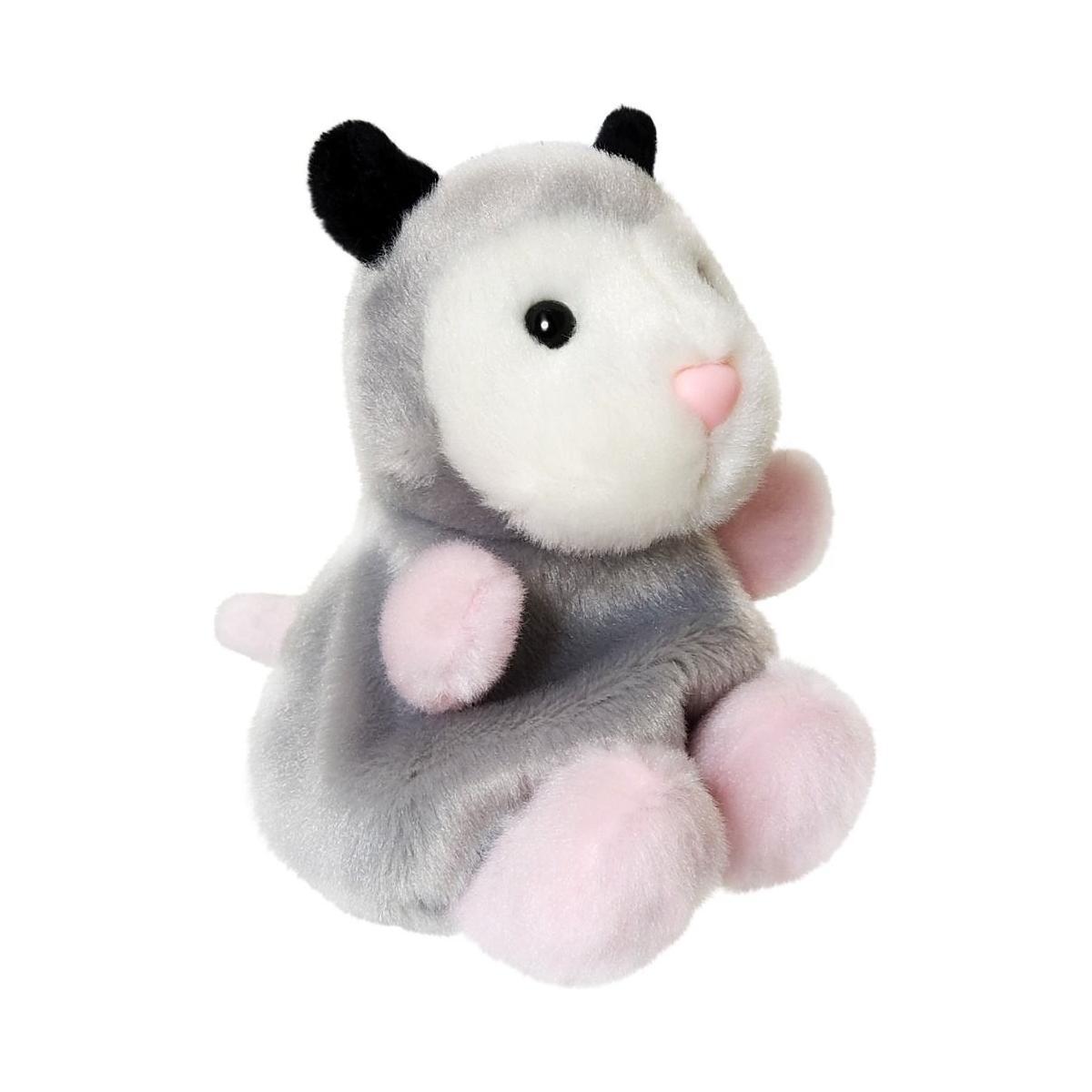 The Twice as Sweet Palm Pal Sherri Opossum features soft gray fur, a white face, pink nose and paws, black ears, and a pink tail—a plush toy perfect for snuggles.