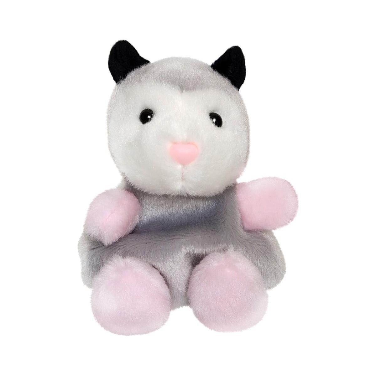 The Twice as Sweet Palm Pal Sherri Opossum plush features a gray body, pink nose and paws, plus black ears. This adorable toy sits upright on a white background—perfect for cuddles and mischief.