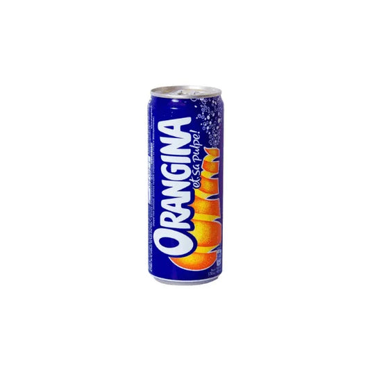 A tall blue 330mL can of Twice as Sweet Orangina (France), the iconic French sparkling drink, features Orangina in vertical white letters and an orange slice graphic near the bottom.