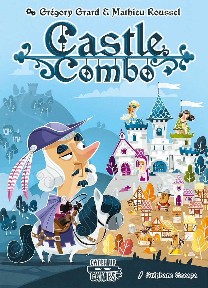 Cover of 'Castle Combo' board game with a character on a horse and castle illustration.