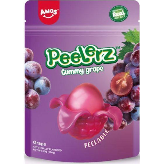 A 170g package of Twice as Sweet Peelerz Gummy Grape (China) features grapes and a peeled gummy on purple packaging, highlighting its peelable texture and real fruit juice content.