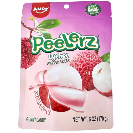 A colorful 170g package of Twice as Sweet Peelerz Gummy Lychee candy (China), featuring lychee fruit images and peelable gummies, with "Made with Real Fruit Juice" highlighted on the front.