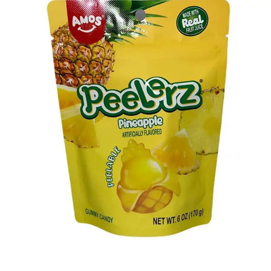 A yellow pouch of Twice as Sweet Peelerz Gummy Pineapple 170g (China), featuring fresh pineapple images and pineapple-shaped gummies. The packaging boasts “Made with Real Fruit Juice,” making it a true tropical delight. Net weight: 6 oz (170 g).