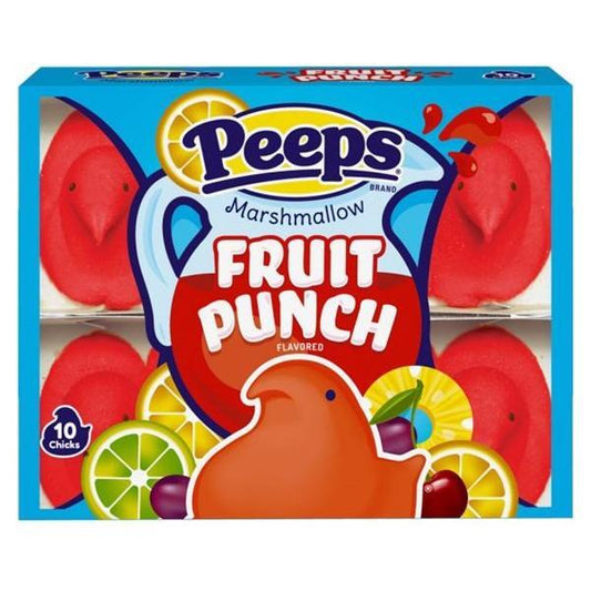 A box of Twice as Sweet Peeps Fruit Punch Chicks 10 Count (85g, USA) features red chick-shaped marshmallows with citrus fruit designs on a blue background—a fruity treat labeled “10 chicks.”.