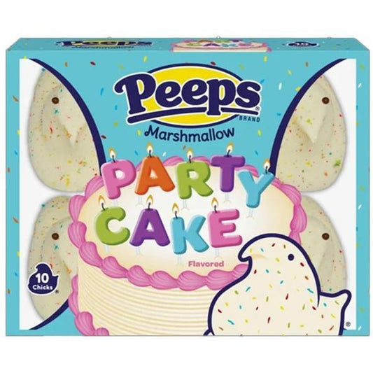 Twice as Sweet Peeps Party Cake Chicks 10 Count (85g, USA). Enjoy 10 marshmallow chicks with colorful sprinkles and vanilla cake flavor. Box features party cake art and colorful PARTY CAKE text. BB: 10/25.