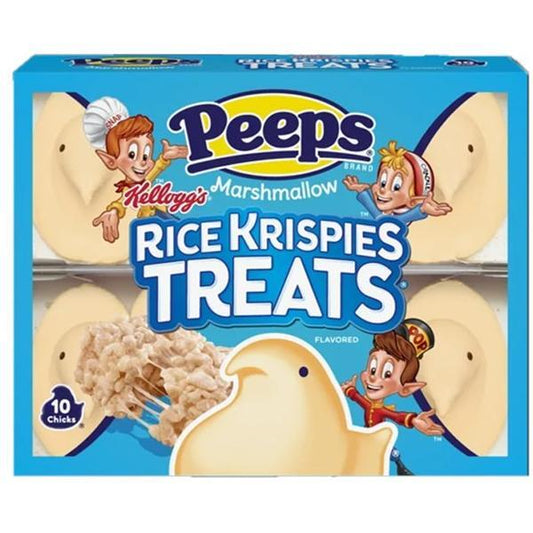 A blue box of Twice as Sweet Peeps Rice Krispies Treats Chicks (10 Count, 85g, USA) features cartoon mascots, yellow marshmallow chick images, and a close-up of the classic snack. Includes 10 chick-shaped treats.