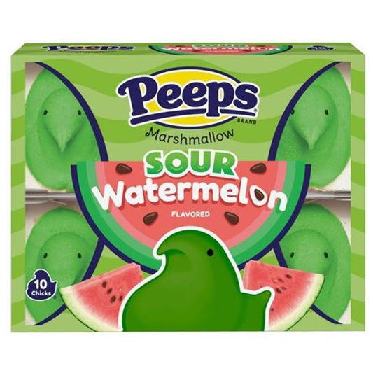 Twice as Sweet Peeps Sour Watermelon Chicks (10 Count, 85g) feature green chick-shaped marshmallows with watermelon flavor in themed packaging for a tangy treat.