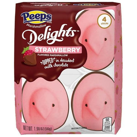 Twice as Sweets Peeps Strawberry Delights Chicks 4 Count (56g, USA) features strawberry marshmallow chicks dipped in milk chocolate. The pink box displays 4 treats per pack at 200 calories per serving.