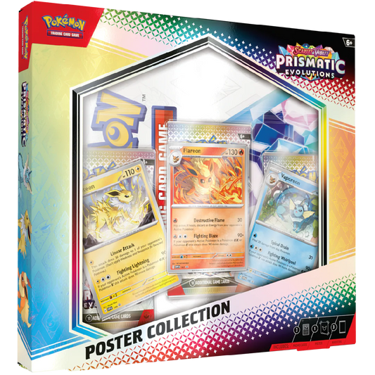 Pokémon Scarlet & Violet Prismatic Evolutions Poster Collection packaging with cards inside front view
