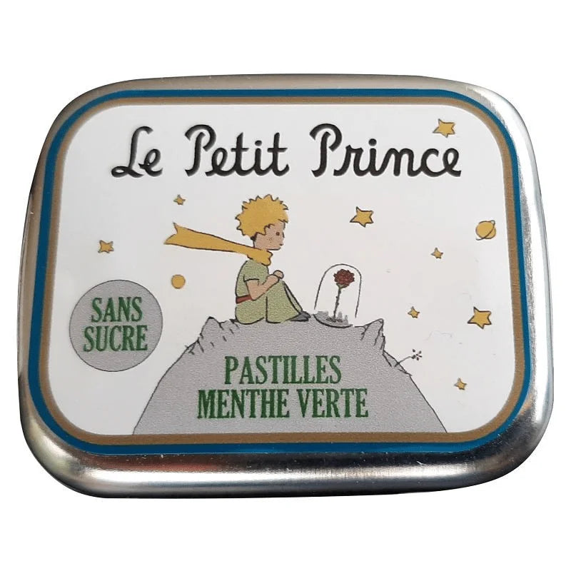 The Twice as Sweet Le Petit Prince Pastille Mint 10g (France) tin shows the Little Prince, his rose, planets, and stars, with "Sans Sucre" and "Pastilles Menthe Verte" text—sugar-free French mints with refreshing peppermint flavor.