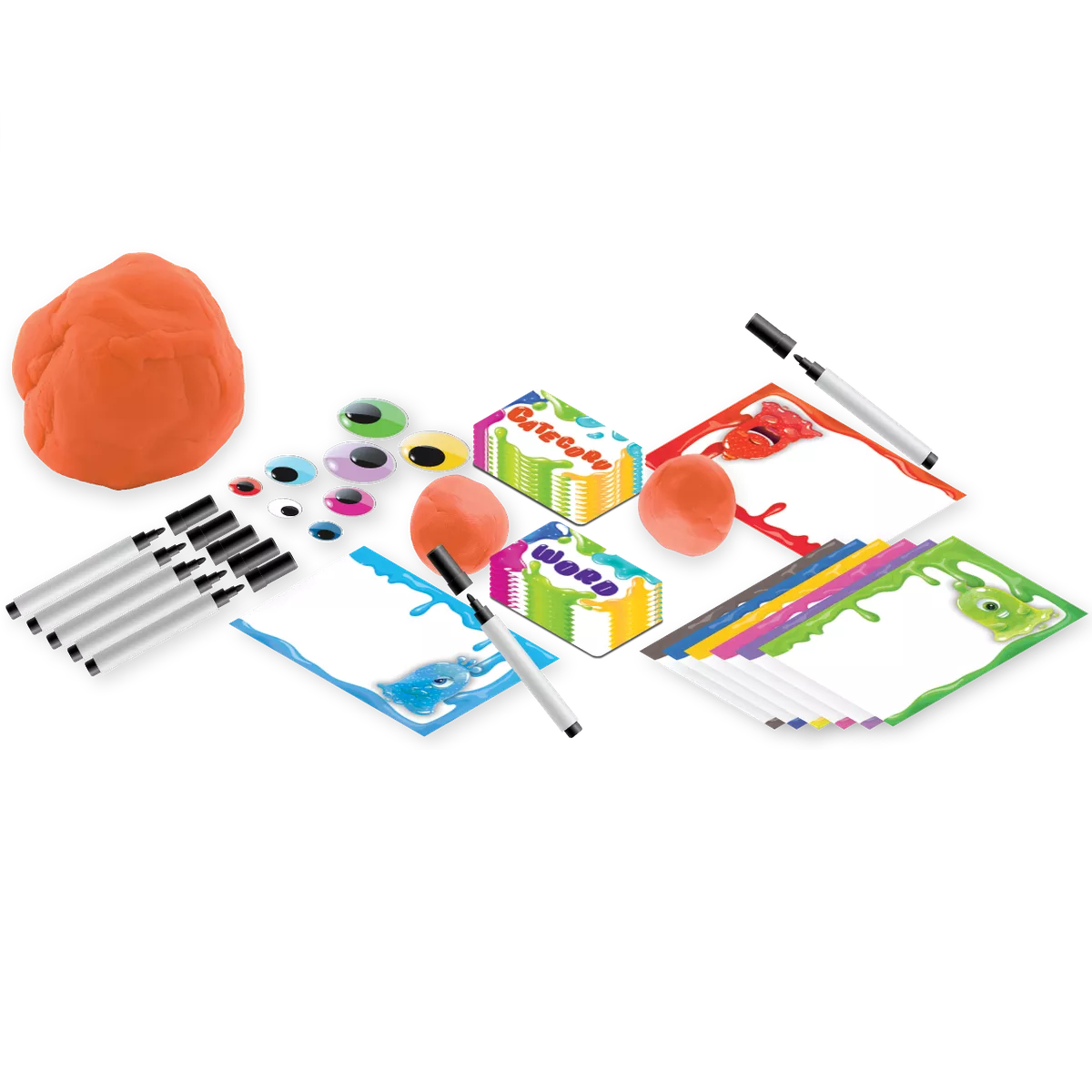 Blob Party board game contents including pens, cards, dough