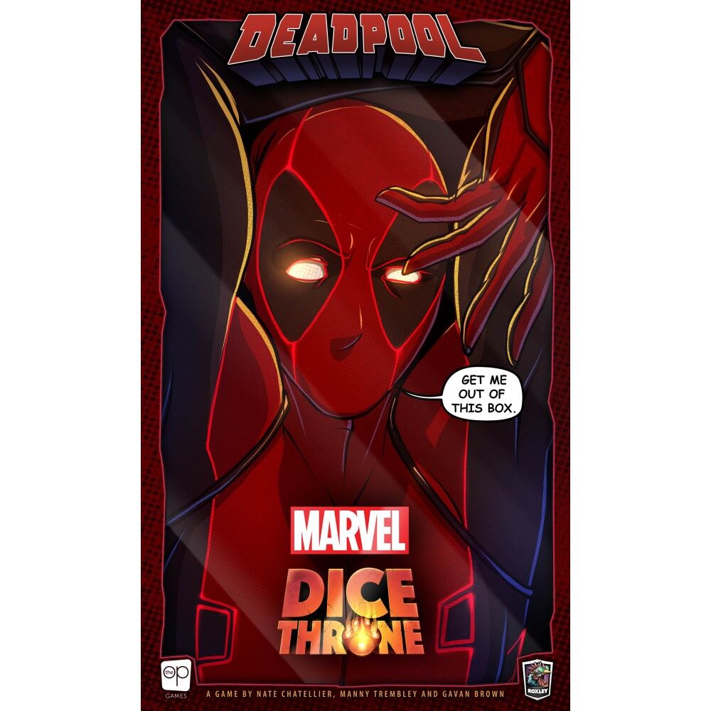 Deadpool-themed Marvel Dice Throne game box with red and black design on white background