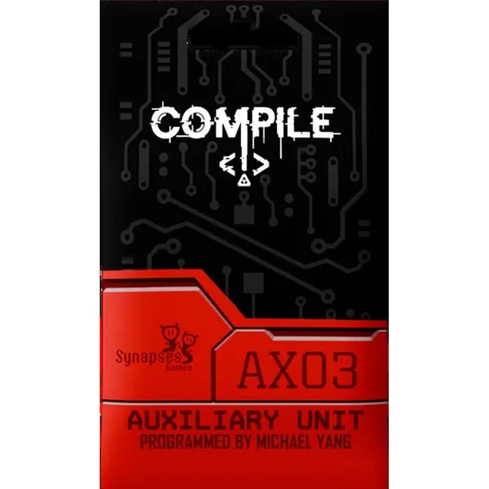 A product cover for the 'Compile AX03 Auxiliary Unit' by Synapses Instruments, featuring a black background with circuit board graphics and a red lower section with white text. This features the expansion to the card game "Compile"