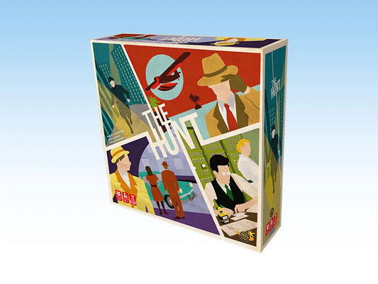 The Hunt board game box shown at a three-quarter angle against a light blue gradient background. The box features a colorful retro-style collage illustration with various characters and elements, and the title 'THE HUNT' is prominently displayed in stylized text.
