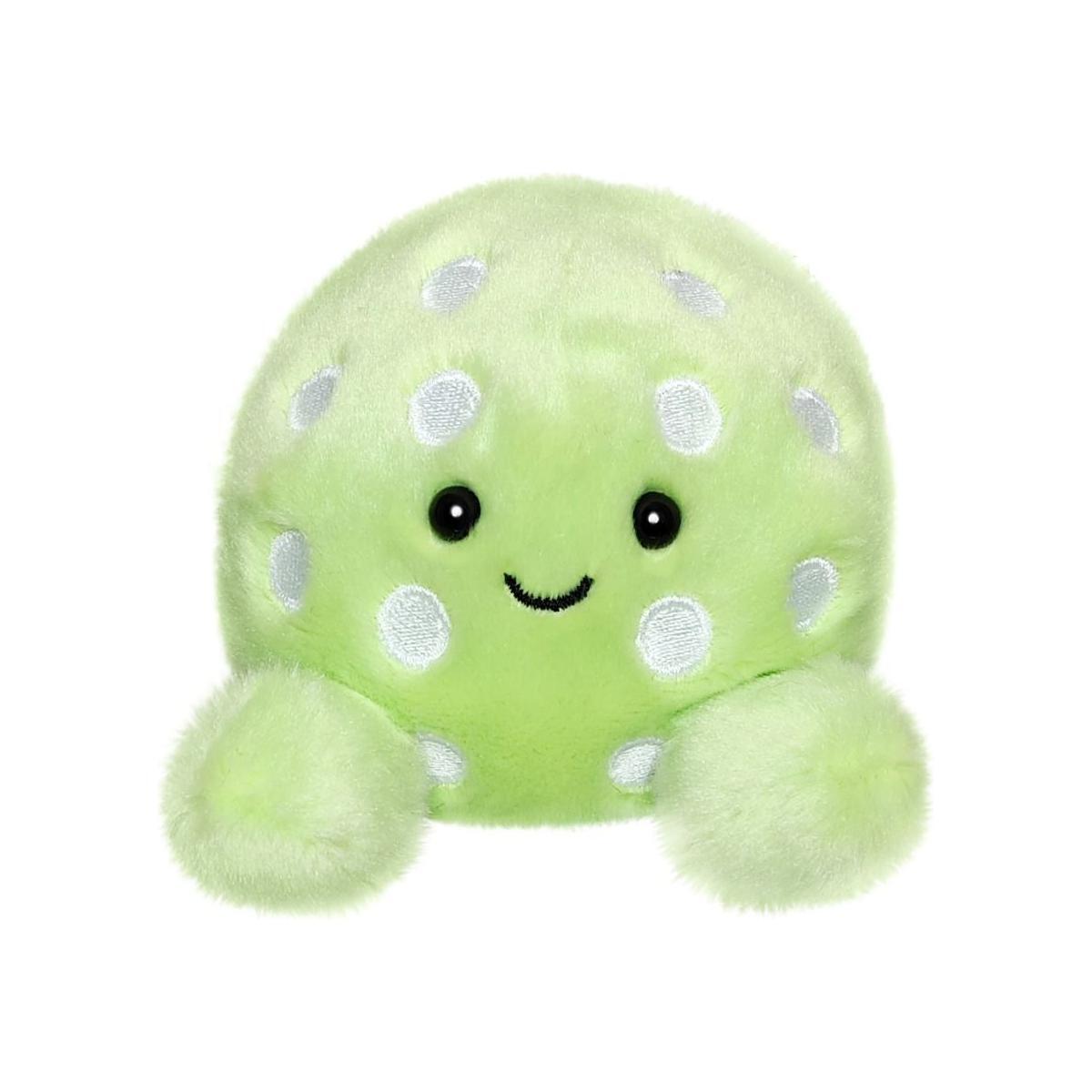 Palm Pal Steve Pickleball by Twice as Sweet is a round, light green plush with white spots, small black eyes, a smiling mouth, and fluffy feet—perfect for any Steve Pickleball fan.