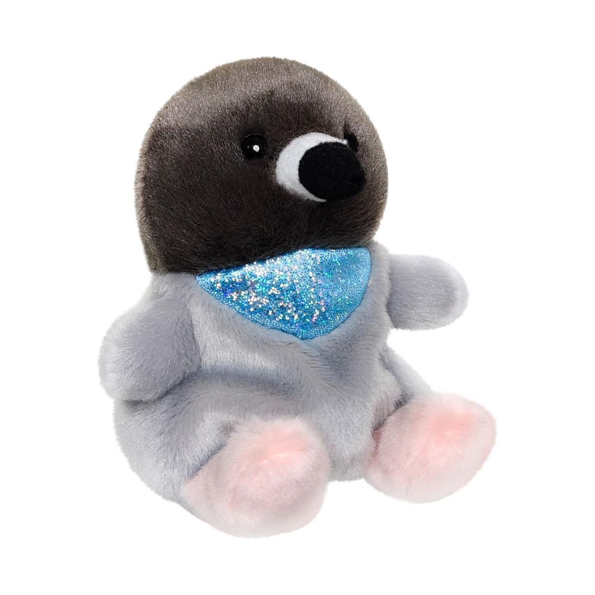 Palm Pal Crumbs Pigeon by Twice as Sweet is a cute plush pigeon with a dark gray head, light gray body, pink feet, and a sparkly blue bandana—perfect for city park adventures or snuggling at home.