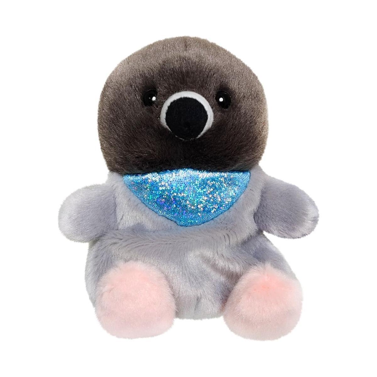 The Twice as Sweet Palm Pal Crumbs Pigeon is a plush toy with a round dark brown head, light gray body, pink feet, and a shiny blue patch on its chest, shown sitting upright against a white background.