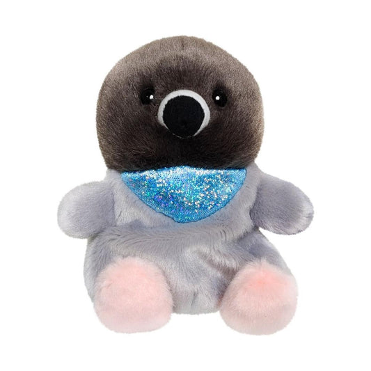 The Twice as Sweet Palm Pal Crumbs Pigeon is a plush toy with a round dark brown head, light gray body, pink feet, and a shiny blue patch on its chest, shown sitting upright against a white background.