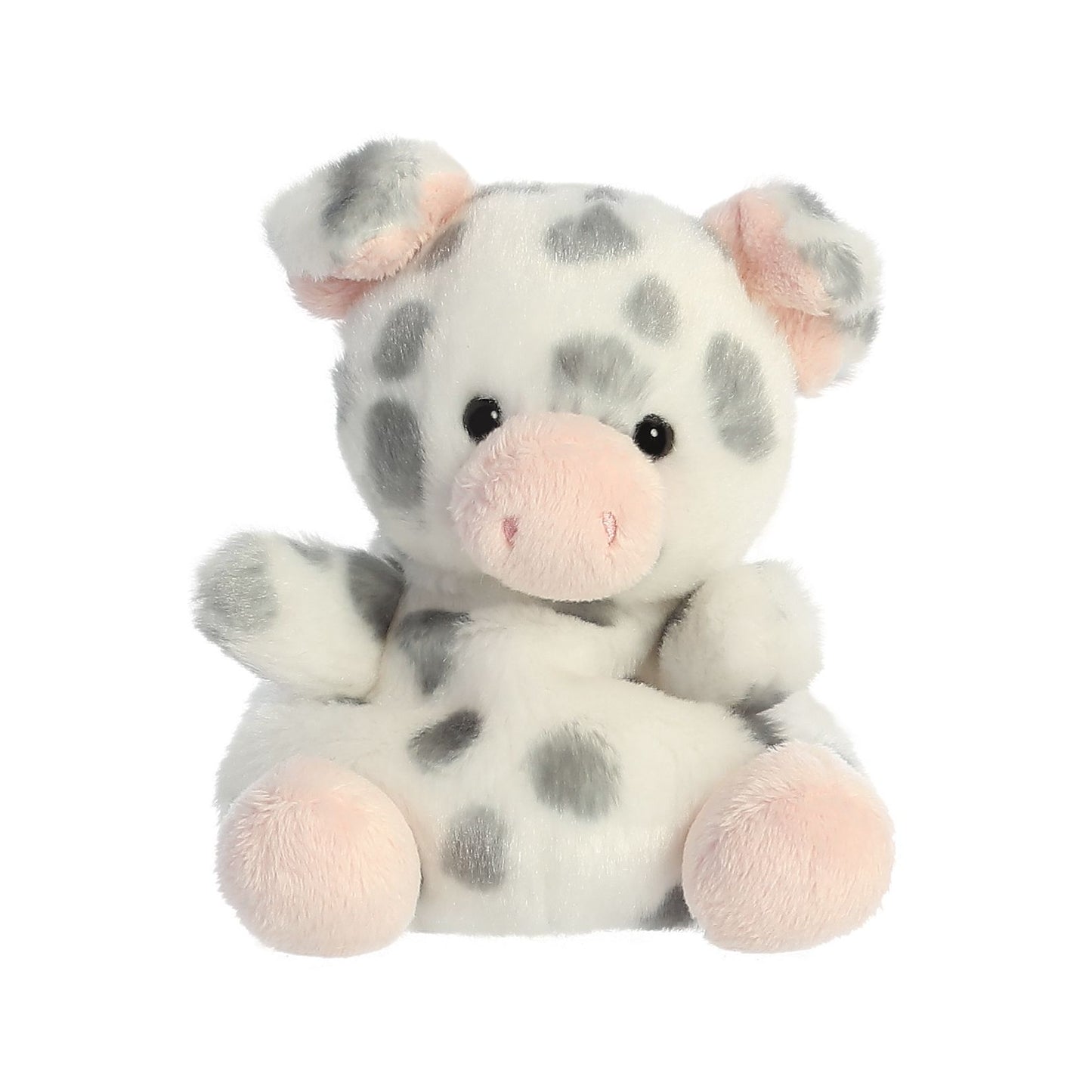 The Twice as Sweet Palm Pal Piggles Spotted Piglet is a palm-sized plush toy featuring a white body with gray spots, light pink snout, ears, and feet, sitting upright against a white background.