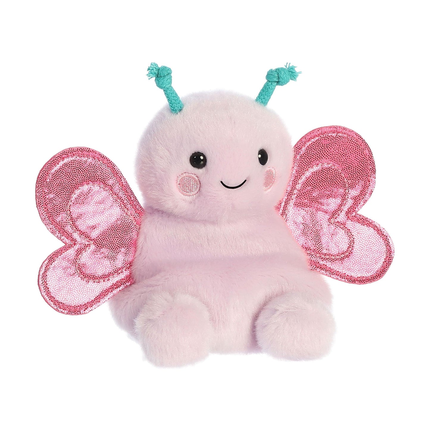 Meet the Palm Pal Petunia Butterfly by Twice as Sweet—a cute plush with light pink fur, sparkly wings, teal antennae, black eyes, a smiling mouth, and rosy cheeks. Part of the adorable Palm Pals collection.